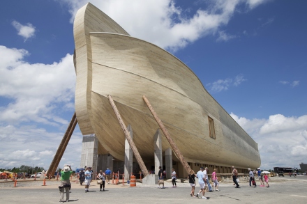 FILE - In this July 5, 2016, file photo, visitors pass outside the front of a replica Noah's Ark at the Ark Encounter theme park during a media preview day, in Williamstown, Ky. Kentucky's massive biblical attraction is opening a new exhibit that promotes the message of the Bible called "Why The Bible Is True." A ribbon cutting for the new display will be Friday, Feb. 24, 2017, at the Ark Encounter. (AP Photo/John Minchillo, File)